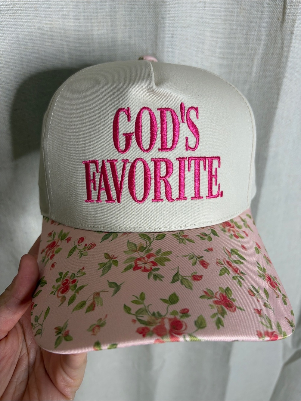 C.C White and Pink 'GOD'S FAVORITE' Floral Baseball Cap
